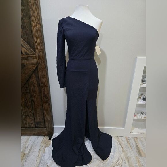 AMSALE One-Shoulder Crepe GOWN DRESS NWOT size 2 NAVY BLUE - Picture 3 of 5